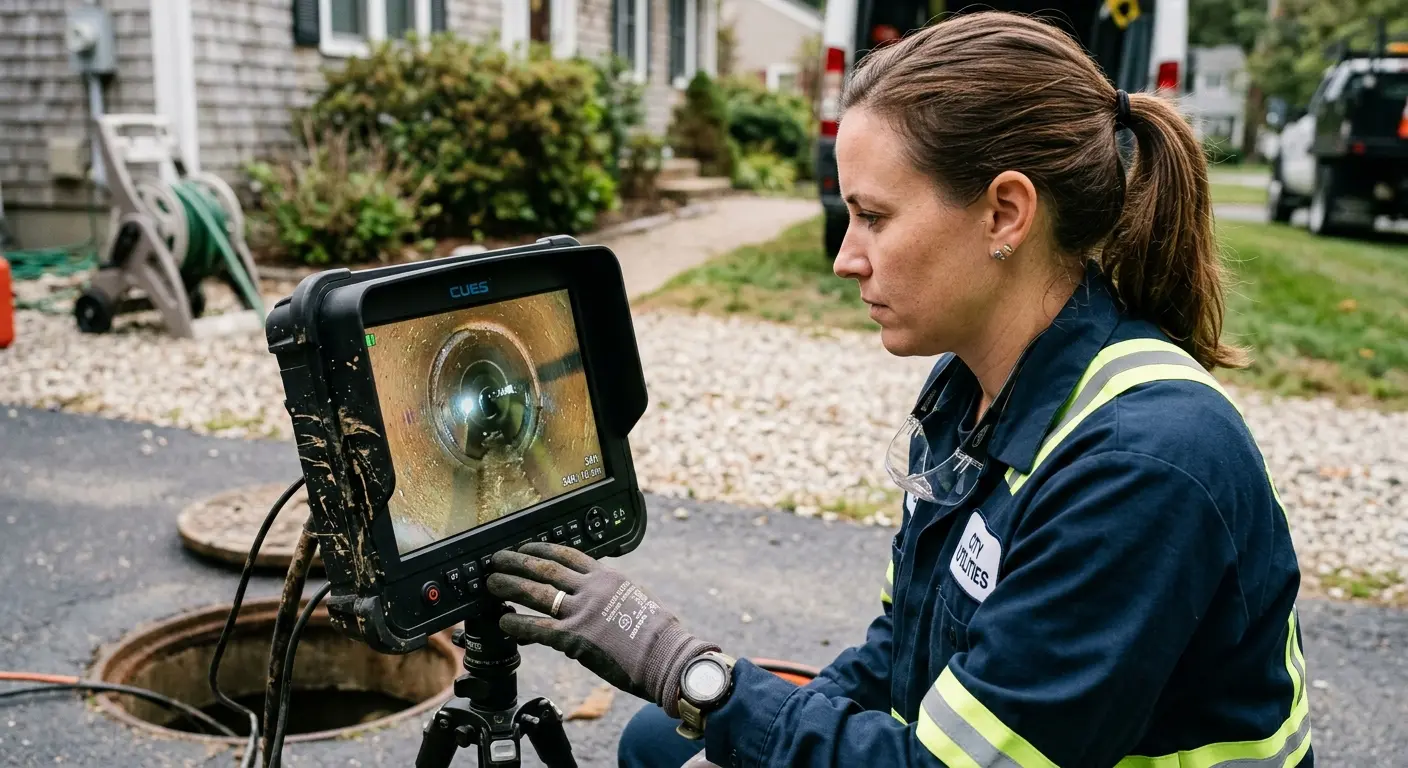 Technician reviewing sewer camera inspection footage in Haddonfield