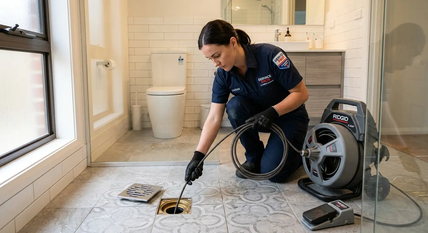 Technician clearing a bathroom floor drain for Hydro Jetting in Haddonfield
